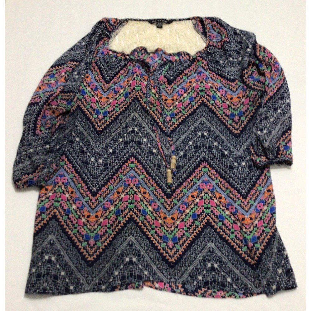 Zac & Rachel Navy Boho Chevron Lace Back Beaded Tassel Blouse Top XL